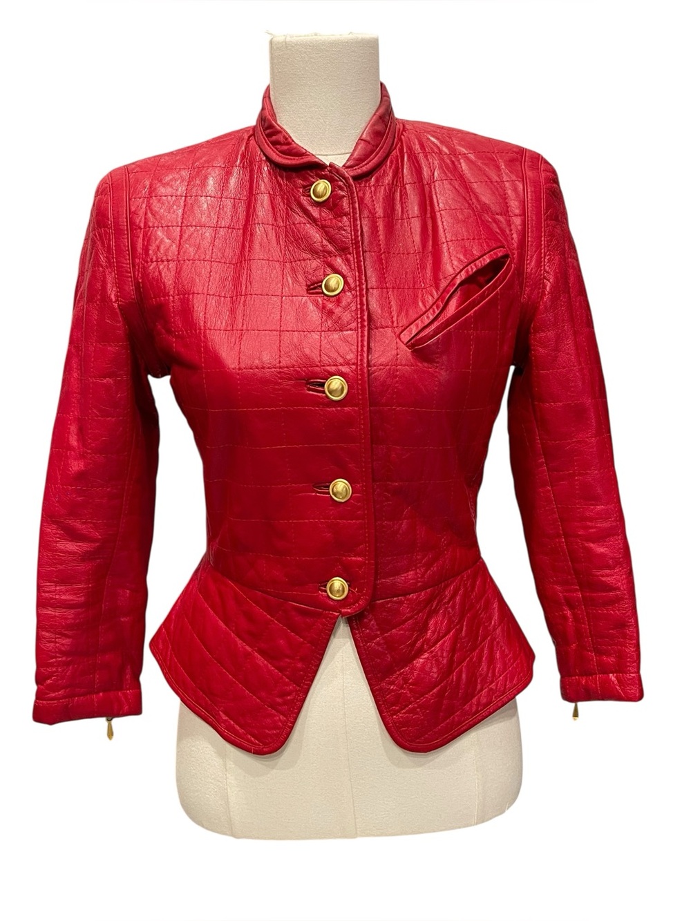VTG Cache Red Quilted Leather Peplum Jacket - Women's S